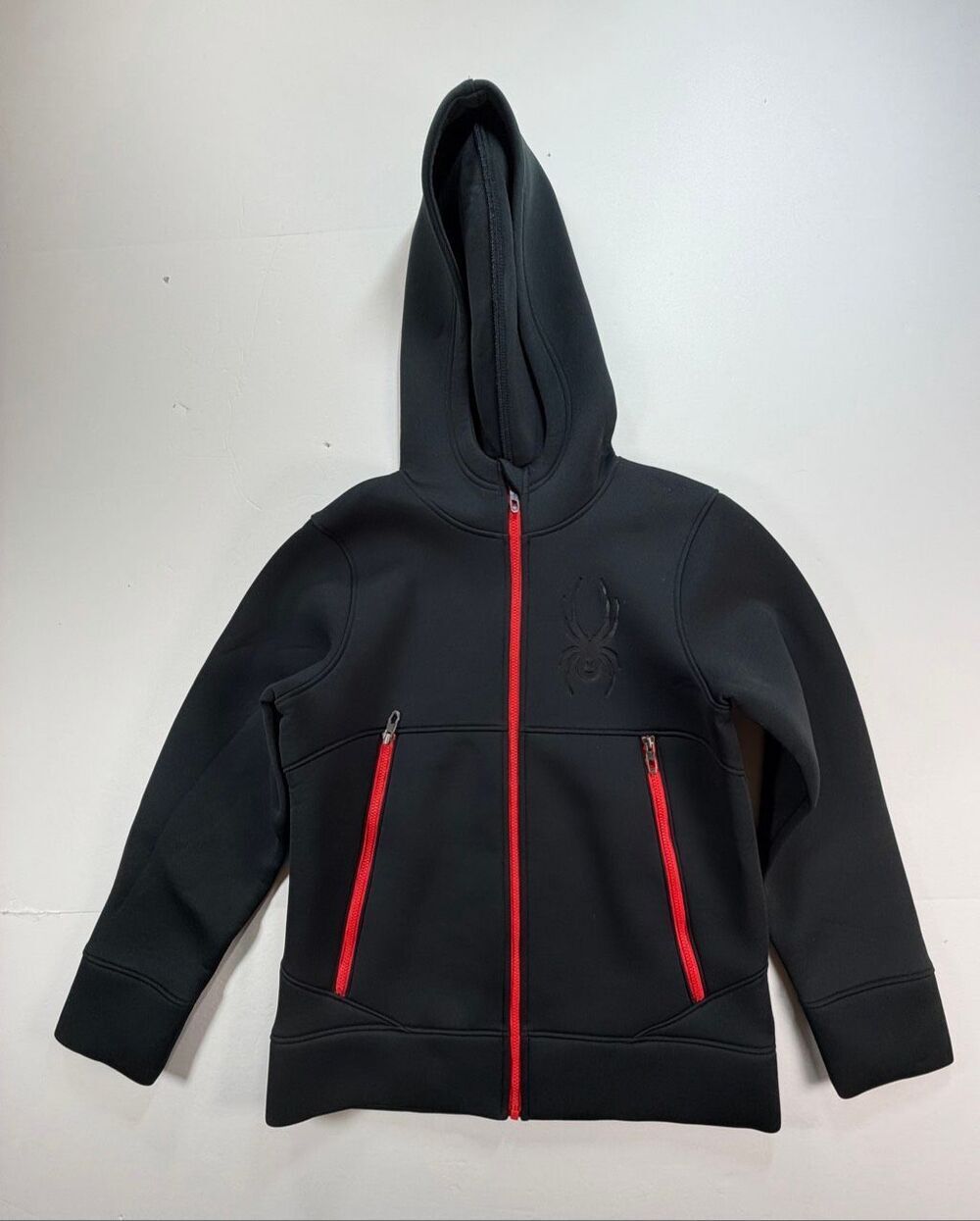 Spyder Boys Orbit Fleece Jacket Size M 10-12 Black Red Full Zip Hooded Ski Kids